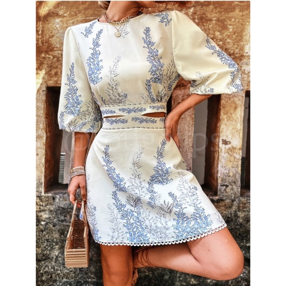 Floral Blue on Cream Light Beige Puff Sleeve Cut Out Waist Mini Dress - Picture 11 of 16